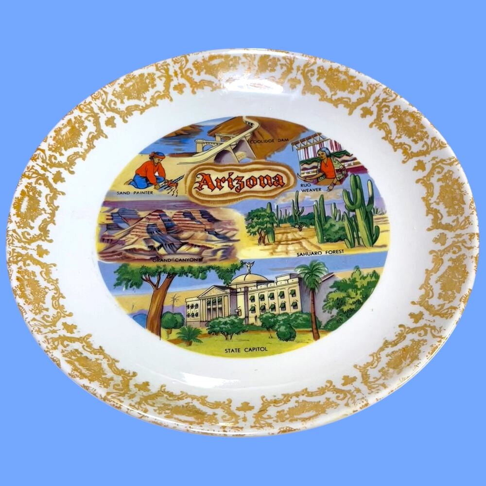 Vintage Arizona Souvenir Plate 8" Grand Canyon Coolidge Dam State Capitol Gold